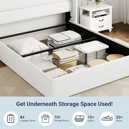 Image of Allewie Queen Size Velvet Lift Up Storage Bed, Modern Wingback Headboard, Hydraulic Support, No Box Spring Needed, White