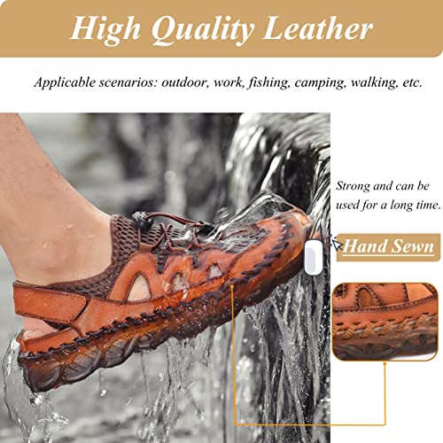 Qiucdzi Mens Closed Toe Sandals, Sport Sandals Casual Leather Handmade Sandals Adjustable Fisherman Beach Sandals For Outdoor Walking Driving #TOP4
