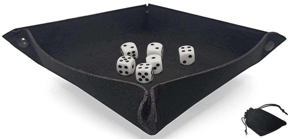 Cyber-Deals Dice Rolling Tray Portable Folding Black Felt Mat + (6) Pip Dot Dice with Velvet Pouch Bundle Set (16mm White, Rounded)