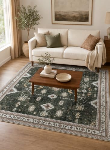 Image of CASA-NEST Premium Velvet Print Carpet (4x6 ft), Non-Slip Rubber Bottom, Durable Vintage Tribal Floor Mat for Bedroom - Antique Green Ethnic