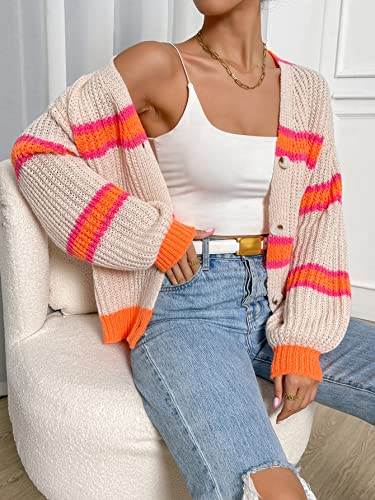 Image of WDIRARA Women's Color Block Striped Crochet Long Sleeve Cardigan Loose Open Front Button Knitted Sweaters