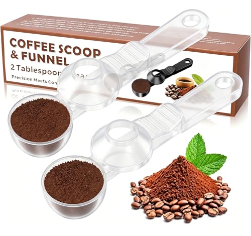2-in-1 Coffee Scoop with Funnel, 2 Tbsp Measuring Spoon for Reusable K Cups, Ground Coffee, Protein Powder & Tea, Mess-Free Plastic Design（Transparent-2pack）