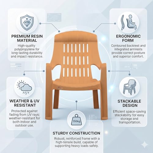Image of Oaknest Supreme Comfy Relaxing Chair - Ergonomic High-Back Plastic Armchair for Home, Garden, Balcony & Patio | Heavy-Duty, Weather-Resistant & Easy to Clean | Amber Gold | Set of 4