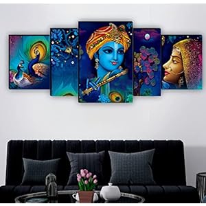 SAF Set of 5 Radha Krishna with couple peacock UV Textured Home Decorative Gift Item MDF Panel Painting 18 Inch X 42…