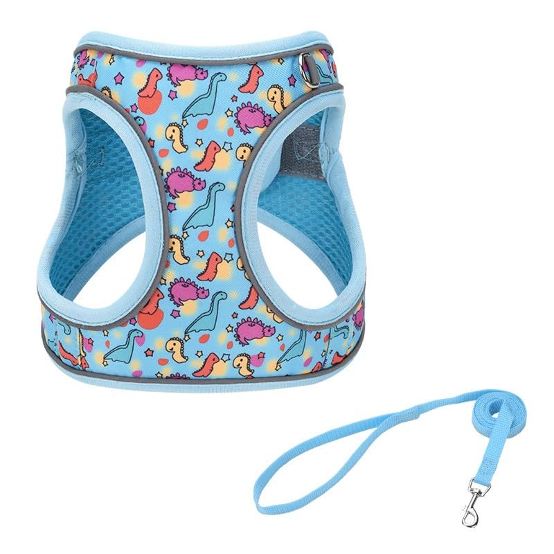 JUFOO M Blue Dinosaur Pattern Dog Harness and Leash Set,No Escape Puppy Harnesses for Training Walking，Breathable Adjustable Puppy Vest for Small Medium Dogs, Cats (Blue, M) — image 1
