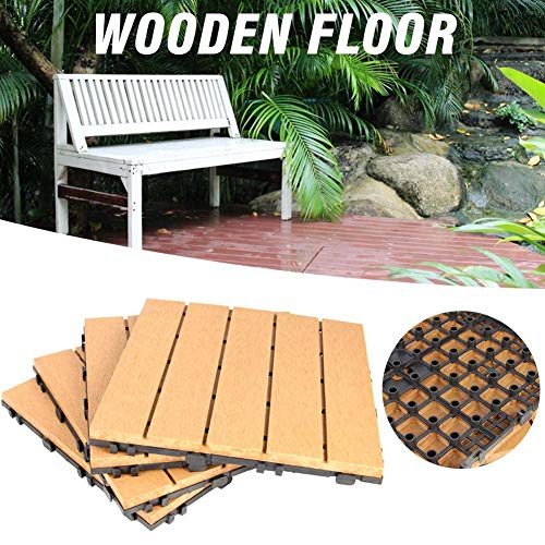 Patio Deck Tiles 12 x 12 inch, 4 Pieces Composite Interlocking Wood Patio Decking Tiles,4 Slat Plastic Wood Outdoor Flooring,Patio Pavers