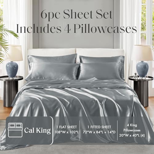 Image of Madison Park Essentials Satin Sheets Cal King Size Bed Set, 6 Piece, Grey | Luxury and Smooth Silky Bedding with Natural Sheen, All Around Elastic 14 inch Pocket fits up to 16 inch Mattress, Year-Round Cozy