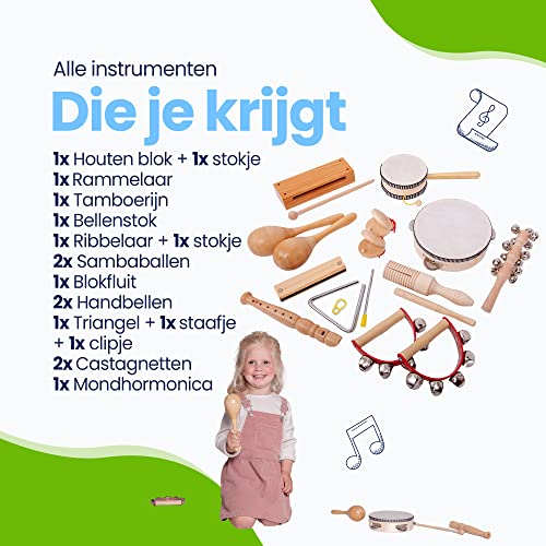 Kadoing-18-Delige-Houten-Muziekinstrumenten-Set-Duurzaam-Cadeau-Educatief-Speelgoed-Verjaardag-Thuis-Montessori-School-Triangel-Tamboerijn-Fluit-Blokfluit-Rammelaar-Mondharmonica-Kinderspeelgoed-Muzie