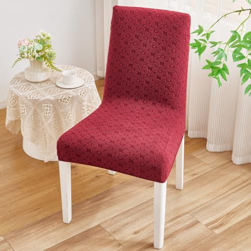Image of HOMETHREADS Elastic Jacquard Chair Cover Stretch Removable Washable Short Dining Chair Cover Protector Seat Slipcover (D Maroon, Pack of 1)
