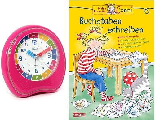 Atlanta Kinderwecker für Schulanfänger Ohne Ticken Jungen Mädchen mit Lernbuch Conni Buchstaben schreiben (Rosa)