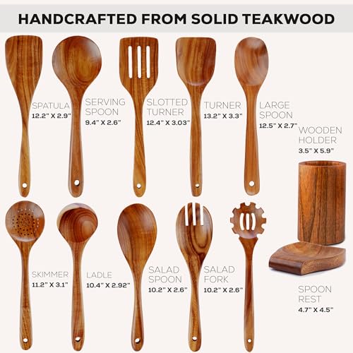 Image of Zulay Kitchen 12-Piece Teak Wooden Utensils for Cooking - Natural Teak Utensil Set with Premium Gift Box - Non-Stick Wooden Spoons for Cooking - Kitchen Gift Set - Comfortable Grip Wooden Utensil Set