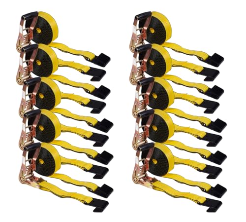Mytee Products (10 Pack) Ratchet Tie-Down Straps with Flat Hooks, 2" x 30' Ratchet Straps Yellow | 10,000 Lbs Breaking Strength | TieDown Ratchet Straps for Flatbed, Truck, Trailers Pickup