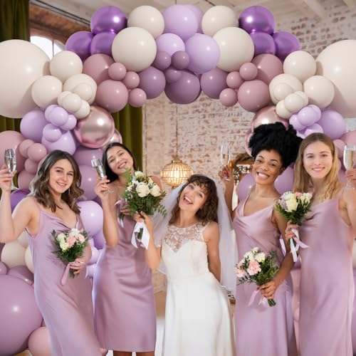 Image of Dusty Purple Balloons Garland Arch Kit, Pink Purple Metallic Rose Gold Balloon, Lilac Retro Pink Sand White Balloon for Boho Baby Shower Bridal Wedding Birthday Mother's day Butterfly Party Decoration