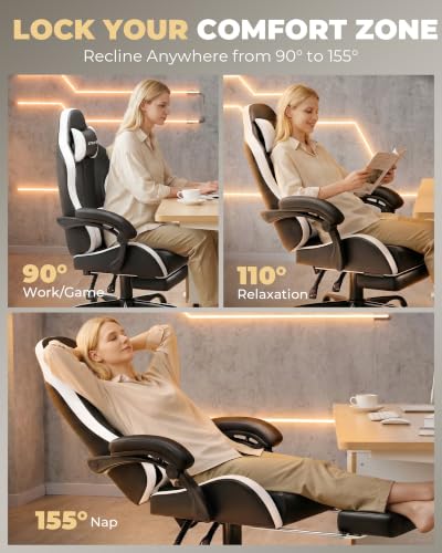 Image of GTPLAYER Gaming Chair for Adults, Computer Chair with Footrest, Snow White | Ergonomic Video Game Chair with 90-155 Recline, Removable Headrest & Lumbar Support, All-Day Comfort for Home & Office