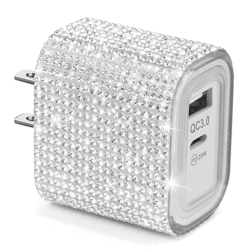 Image of Aolcev for iPhone Charger Fast Charging Bling 2 in 1 USB C Charger Block | 25W Type C Fast Charging Blocks Bling USB A USB C Adapter for iPhone 17 16 15 14 13 iPad Galaxy S26 S25 Rhinestones Sliver