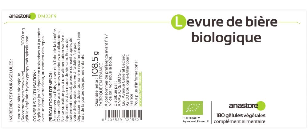 LEVURE DE BIERE BIO * 500mg / 180 gélules végétales * Prévention du vieillissement * Fabriqué en FRANCE