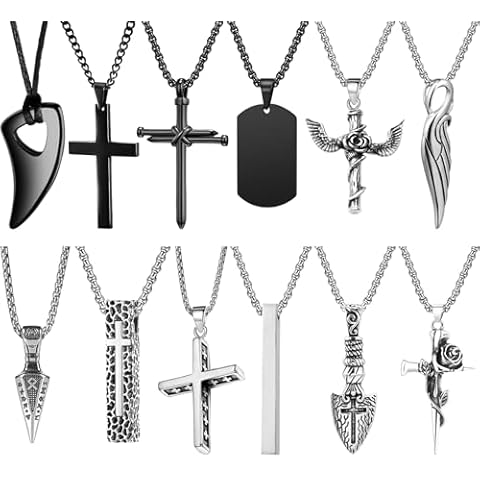 NEWITIN 12 Pieces Stainless Steel Necklaces for Men Hypoallergenic Necklaces Cross Necklaces Unisex Punk Necklaces Men Necklaces Amulet Pendant Nail Cross Viking Necklaces for Men Women Cover