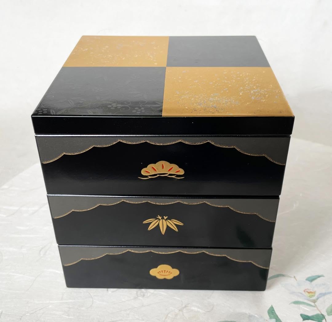 重箱 おせち 市松松竹梅三段重内朱 13cm 正月 弁当箱