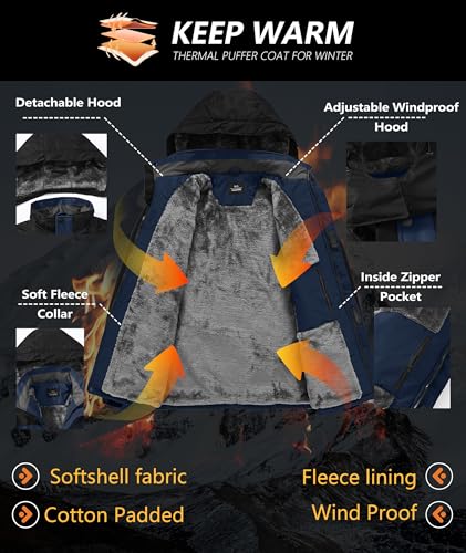 Image of Mens Winter Jackets Waterproof Warm Fleece Ski Jacket with Hood Thermal Windproof Coat Zip Pockets