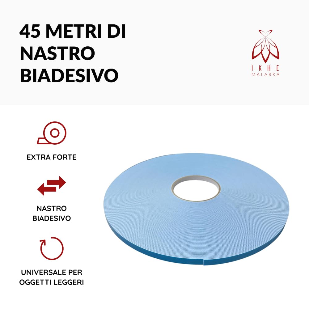 I K H E MALARKA 45 metri nastro biadesivo extra forte universale per oggetti leggeri – Articolo/larghezza 9 mm, spessore 1 mm (15 pezzi – 675 metri)