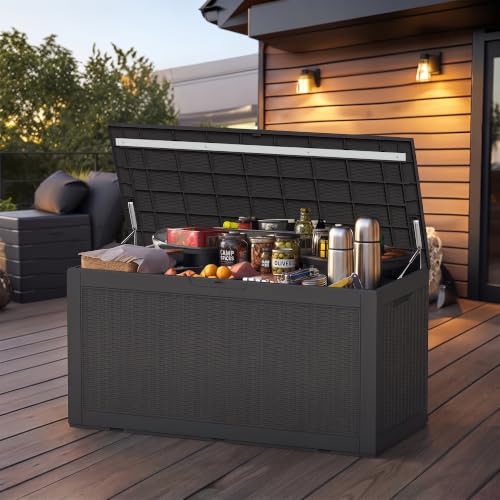 Image of 100 Gallon Outdoor Storage Box - Deck Box Waterproof Patio Furniture, Garden Tools, Cushions, Pool Accessories Outside Storage Resin Box, Black