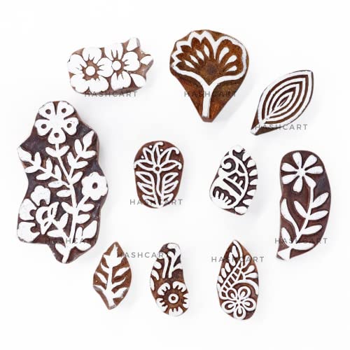 Image of Hashcart | Set of 10 | Wooden Multi Floral Designing Print Stamps for Scrapbooking | Blocks for Project Making | Henna | Kids & Art Project | Fabric Textile | Pottery Craft