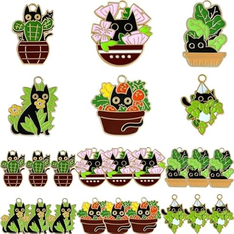 Anjulery 18 Pieces Enamel Black Cat and Plant Charms for Jewelry Making - Cute Kitten Charm for Bracelets Earrings Keychains Necklaces Stitch Markers Crafts (18Pcs Black Cat and Plant-B) Cover
