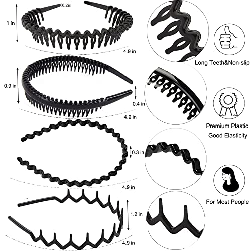 Image of ULTIMUTE 8 PCS Fashion No Slip Effortless Plastic Headbands with Teeth Comb Black Skinny Headbands Hair Accessories Bands for Women Men Teen Girls, Classic Black Bright