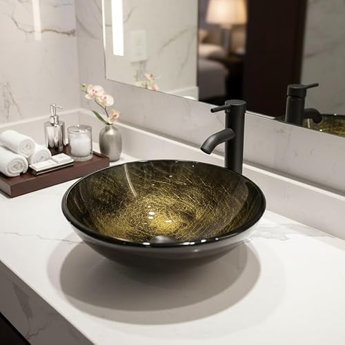 YU YUSING Ensemble Complet- Lavabo Vasque à Poser Rond en Verre avec Ensemble de Robinets, Lave-Mains, pour Salle de Bain, Cuisine, WC d'invités, Doré Rond Moderne, 42 x 42 x 14 cm