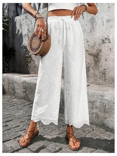 SHENHE Women's Summer Wide Leg Eyelet Pants Drawstring Elastic Waist Travel Boho Palazzo Pants4