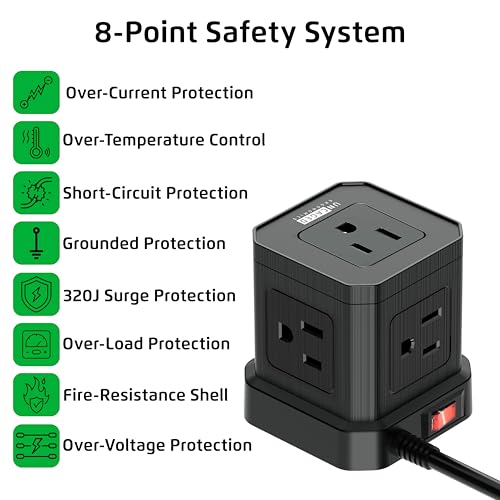 Image of Cube Power Strips with Surge Protection, 10ft Extension Cord with Multiple Outlets, 5 AC Plugs, 3 USB, 1 Usbc Fast Charging Power Strip with USB Ports, Mountable On /Off Switch Charging Station