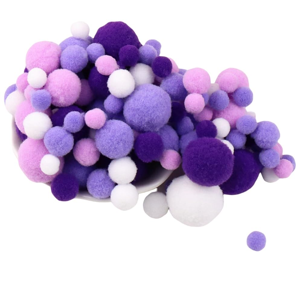 Raylinedo Purple 130 Pieces Assorted Sizes Pom Poms Series Arts Crafts Pompoms Balls For Hobby Supplies And Creative Craft Diy Material