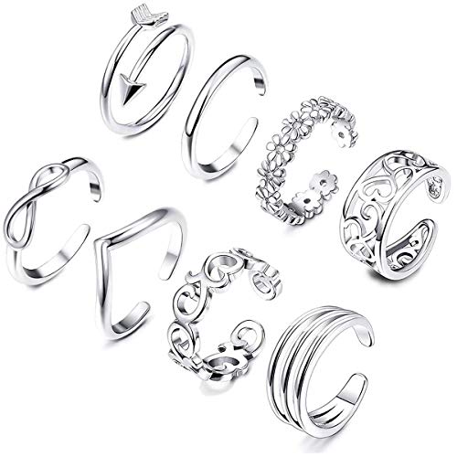 8PCS Open Toe Rings Set for Women Hypoallergenic Adjustable Flower Knot Simple Arrow Fingers Joint Tail Ring Band Sandals Foot Jewelry