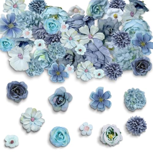 Touosy 20 Pezzi Fiori Finti per Decorazioni Fioritura di Lunga Durata, Fiori Finti Artificiali Teste, Rose Finte per Bouquet DIY Matrimonio Centrotavola Decorazione Domestica Festa Casa Nozze (Blu)