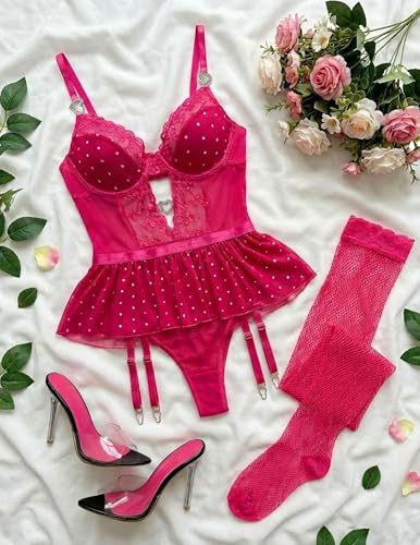 Image of Alrovetoney Women Lingerie Set Naughty Lace Bodysuit High Waisted Underwire Lingerie Babydoll With Garter Belt and Stockings