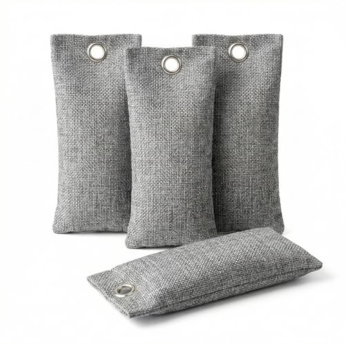 Satiskid - Bolsas de carbón activado de carbón de bambú, 4 unidades, 15,5 x 7 cm, absorben olores grises con ganchos de metal, eliminador de olores natural para zapatos, armario, coche y hogar