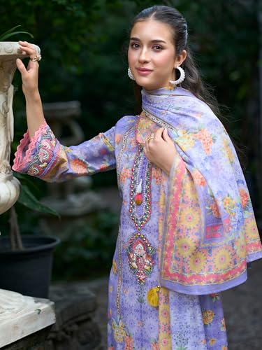 Image of INDO ERA Women's Straight Linen Floral Printed Kurta & Pant with Dupatta Set | Kurta Sets For Woman
