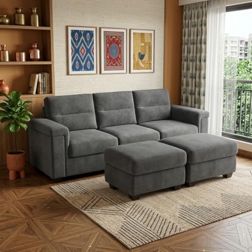 Image of FURNY Parker 3 Seater Sofa Set with 2 Ottomans | Premium Suede Velvet Fabric Finish | Durable Comfort Sofa for Modern Living Room & Office Spaces