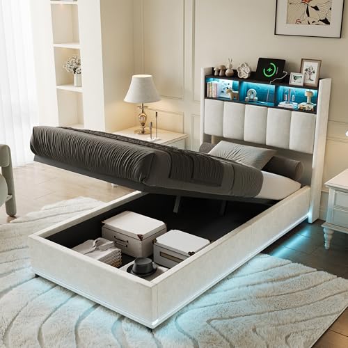 KSFASHZ Cama 90x200 cm Tapizada con Almacenaje,Cama Individual con LED RGB y Estación de Carga, Cama Juvenil Canapé con Somier de láminas y Cabecera Acolchada, Terciopelo