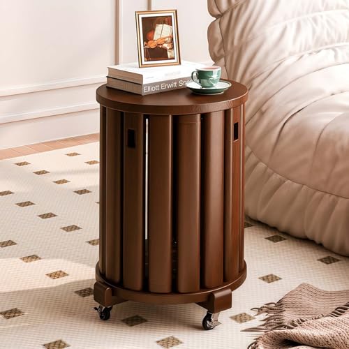 Mesa auxiliar versatil de madera natural y juego de taburetes con poleas de diseño 2