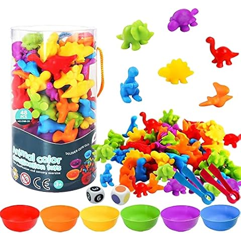 Montessori Toys Rainbow Counting Dinosaurs Set, Color Sorting Math Toys with Matching Bowl, Tweezers, Dices, Color Classification Math Skills Game Early Education Toys for Toddlers 3 4 5 Years Gifts Cover