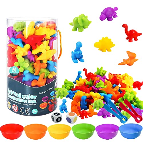 Dinosaurier Zählen Montessori Mathe Spielzeug für Kinder, 58 Stück Farbsortierung Mathe Spiel mit Schale, Pinzette, Würfel, Sortierspiel Lernspielzeug Zählspielzeug für Jungen Mädchen 2 3 4 Jahre Cover