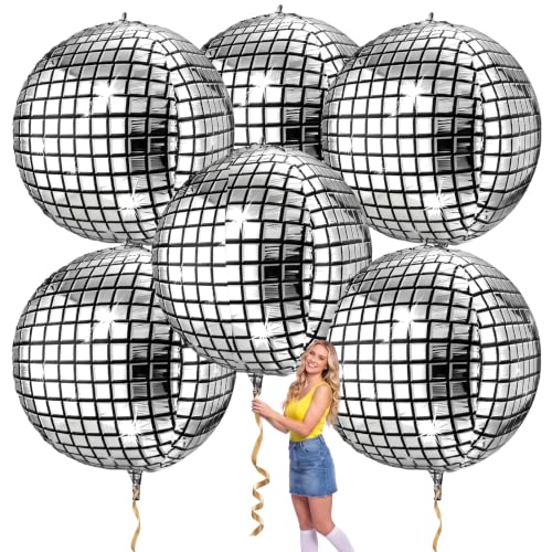 Image of Leitee 6 Pcs 60 in Big Disco Ball Balloon 70s Disco Balloons Party Decoration Large 4d Aluminum Foil Inflatable Ball Giant Silver Metallic Mirror Decor for Baby Shower Wedding Birthday Dance Party