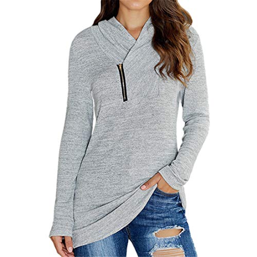 Damen Sweatshirt Wasserfallausschnitt Pullover Kordelzug Rollkragen Langarmshirt Tunic Top Oberteil Einfarbig Slim Fit Oversize Shirt Bluse