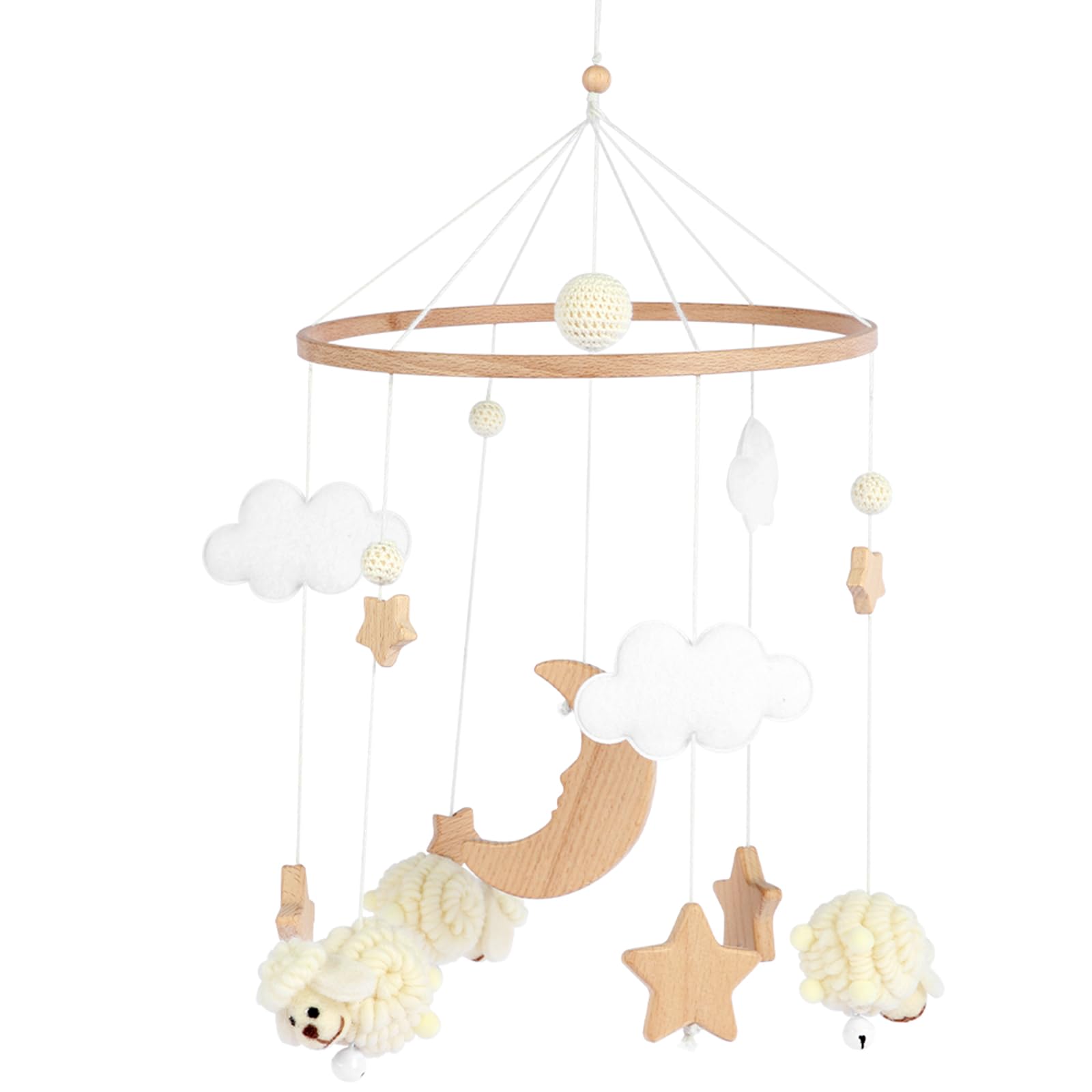 Baby Cot Mobile Wooden Hanging Baby Crib Mobile for Babies Moon Stars Baby Bed Bell with Felt Balls Baby Nursery Accessories Rotating Baby Crib Mobile Toys Cot Bed Pendant Decoration for Infants