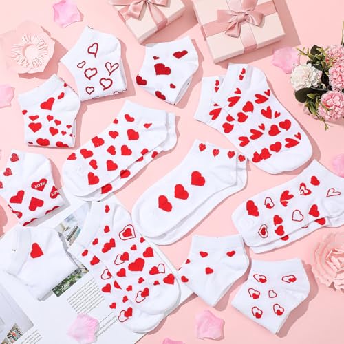 Image of Short Valentine Heart Socks for Women, Red Pink White Heart Ankle Crew Low Cut Galentines Socks Bulk for Women