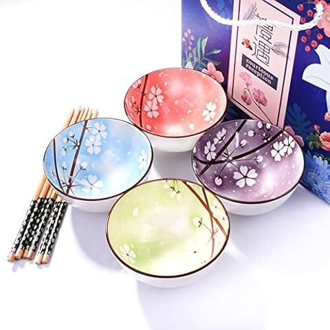 Japanese Style Cherry Blossom Ceramic Bowls and Chopsticks Set Used for Rice Snacks Sauces Cover