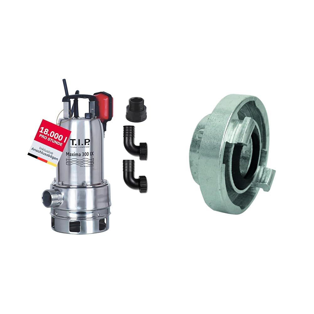 T.I.P. Maxima 300 IX Schmutzwasser Tauchpumpe Edelstahl 18000l/h 700W 30mm Vortex Schwimmerschalter Thermoschutz + C52 Storz Kupplung 1,5" IG 45,48mm Silber 31094 + 21m Nylon Ablassseil 30912