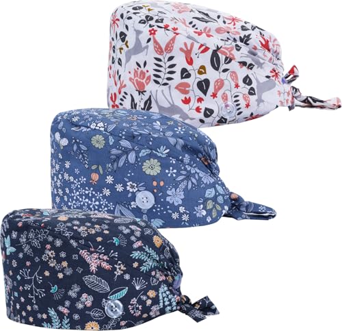 3 piezas gorros quirúrgicos para mujeres ajustables gorro quirúrgico de tela con botón de algodón gorra deslizante de color sólido estilo floral gorro de trabajo gorro de quirófano gorro quirúrgico