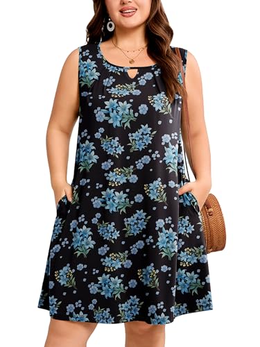 Image of AusLook Plus Size Summer Midi Dress for Women Sleeveless Casual A Line Swing Dress with Pockets Keyhole Neck Beach 1X-5X